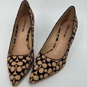 Coach C5924 Waverly Signature Calf Hair Pointed Toe Gold Trim Heels Size 9B